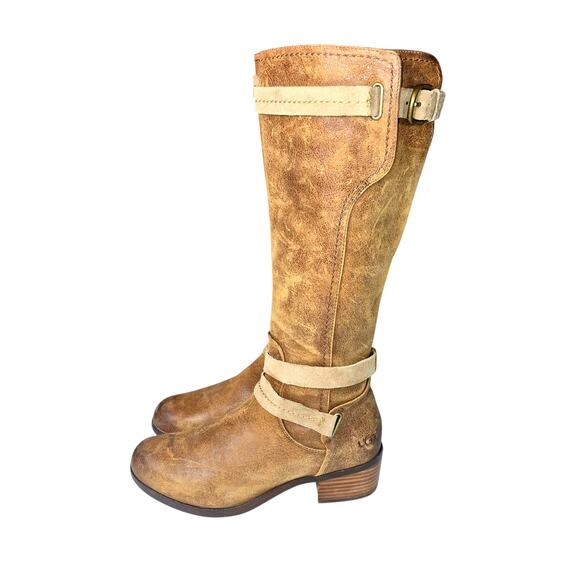 Vintage UGG Darcie Tall Riding Boots Distressed Leather Lined Suede Straps US8 - Picture 3 of 8